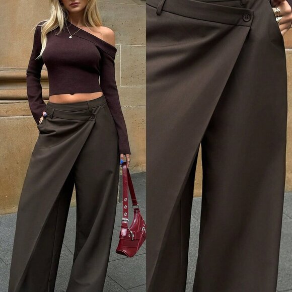 Brown Casual Women's Asymmetrical Wide Leg Pants - Picture 1 of 6